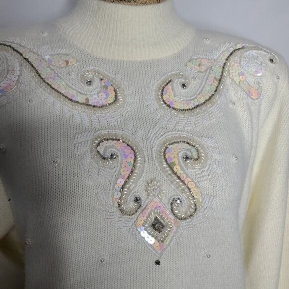 Vintage 90's Ivory Sequin Beaded Mockneck Sweater Medium - Picture 4 of 11